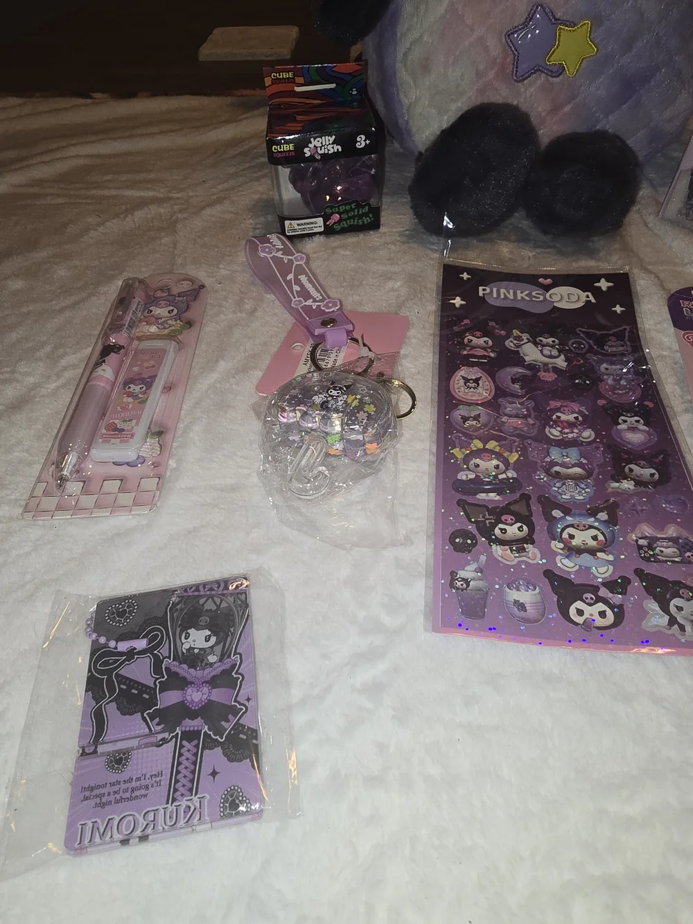 Sanrio Kuromi Purple Plush Backpack & Mega Stationery Lip Gloss Accessory Bundle